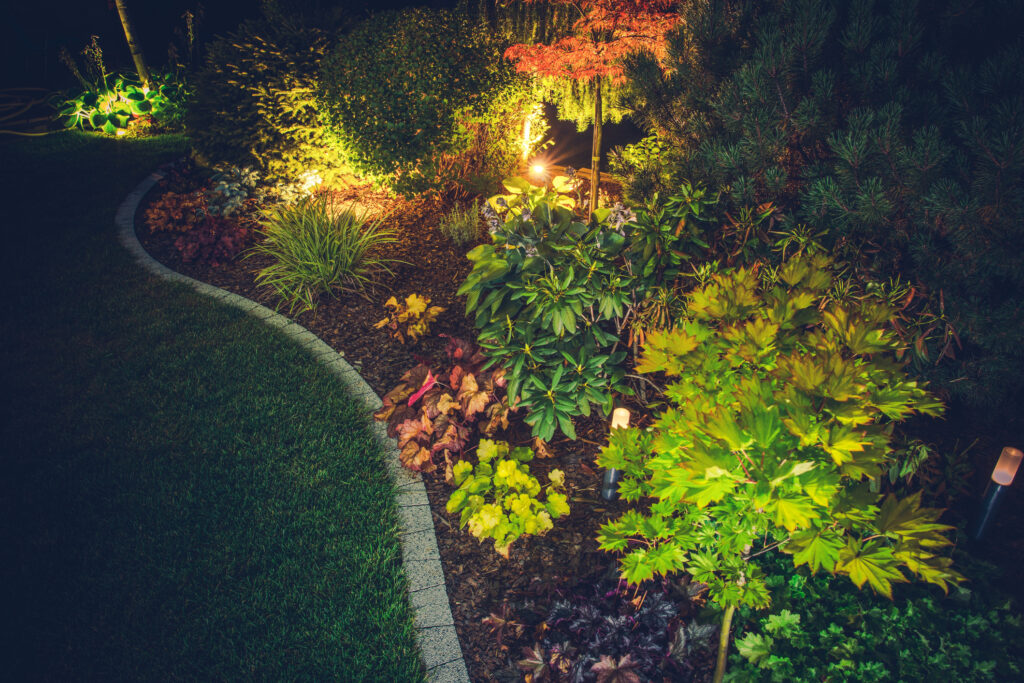 Illuminated Backyard Garden. Night Time Photo. Outdoor Garden Lighting.