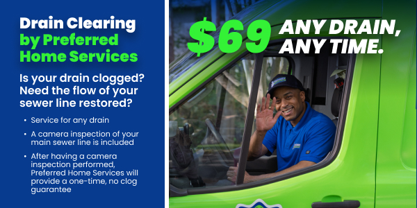 Friendly service technician in a lime green Preferred Home Services van promoting a $69 any drain clearing offer that includes a main sewer line camera inspection and a no-clog guarantee.