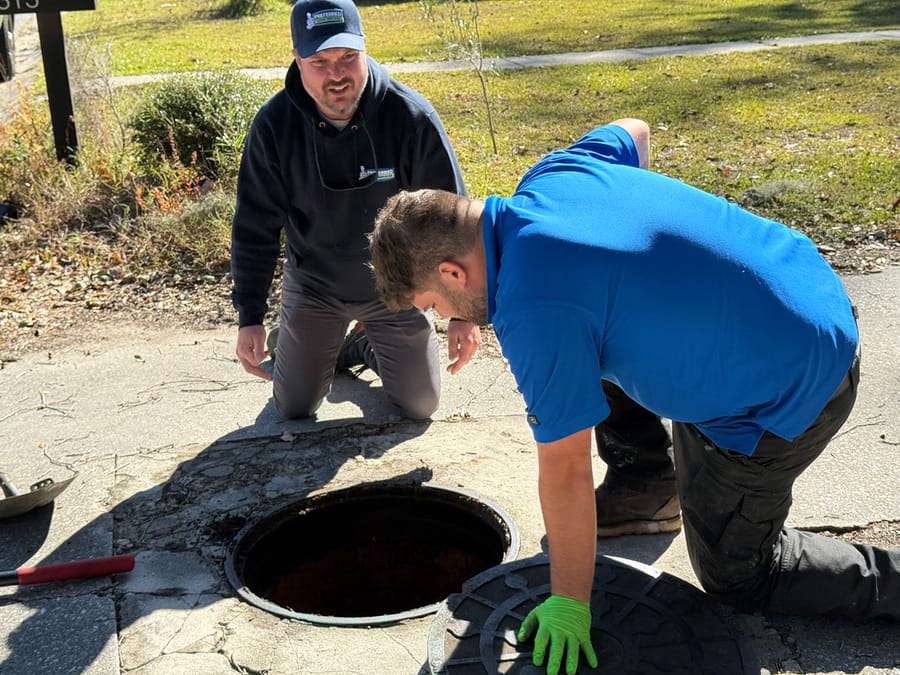 A professional Preferred Home Services technician inspects an open sewer cleanout to diagnose the cause of a mainline backup and determine if a sewer line replacement is necessary.