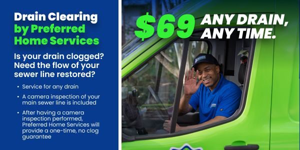 Advertisement for drain cleaning: left blue panel lists services, right panel shows a smiling technician in a blue shirt in a green service truck with '$69 ANY DRAIN, ANY TIME'.