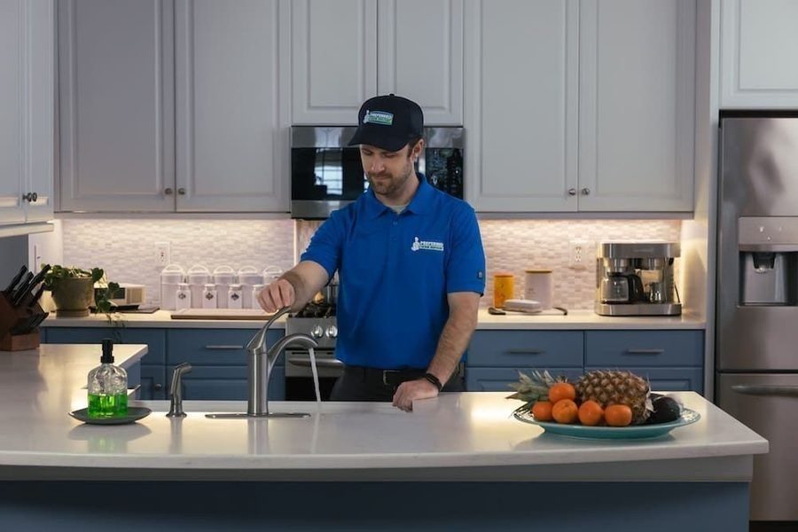Man in a blue polo and cap stands at a kitchen island, turning on the sink faucet with a plate of fruit nearby