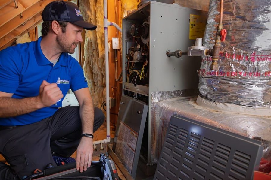 A professional Preferred Home Services technician performs a safety audit on a residential unit to provide expert furnace services.